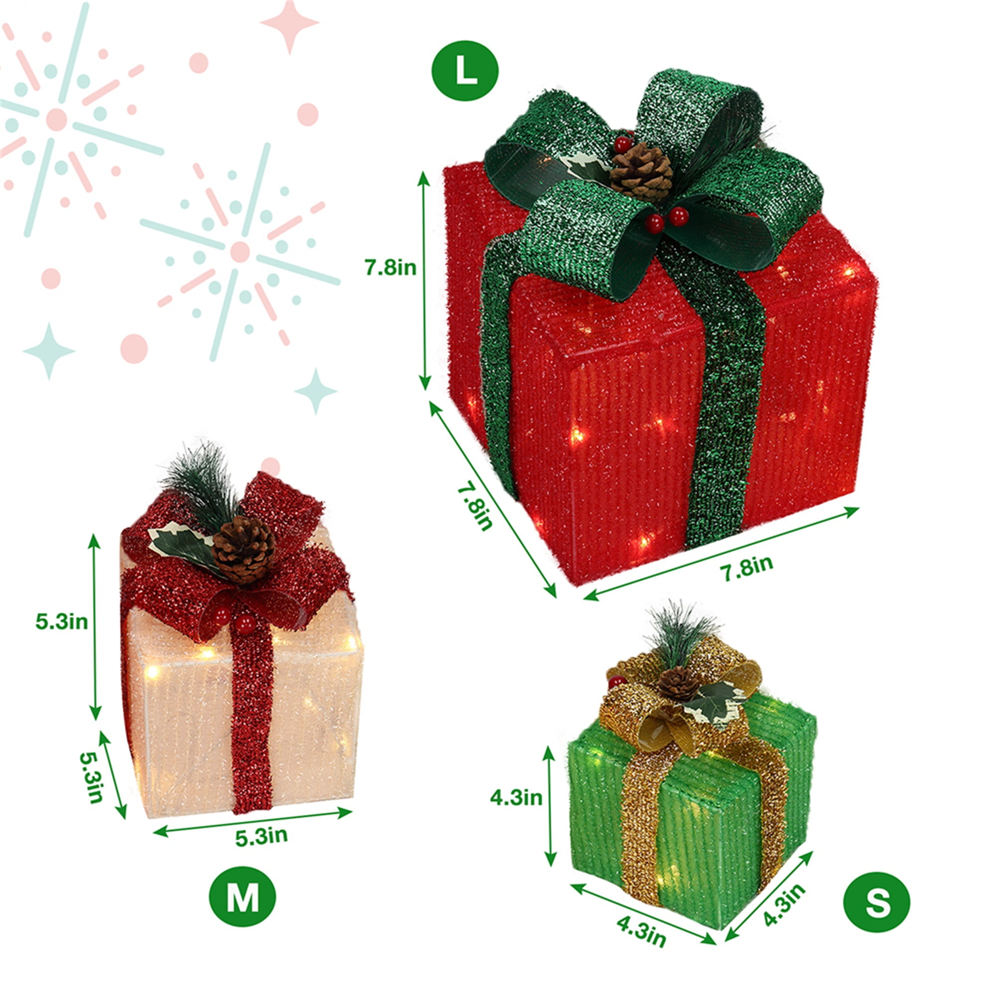 Kepooman 3pcs Christmas Gift Box, Box ABS Plastic Frame LED60 Light, Onion Cloth, Colorful Kepooman 3pcs Christmas Gift Box, Box ABS Plastic Frame LED60 Light, Onion Cloth, Colorful