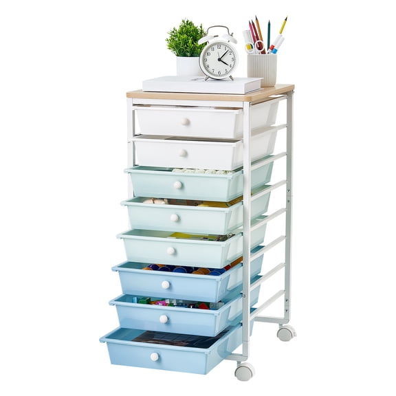 VEVOR Rolling Cart with Drawers, 8 Drawer Storage Organizer, Mobile Utility Cart with Wood Top, Steel Frame, Universal Casters & 2 Brakes, for Office, Classroom, Craft Supplies, Bedroom, Green Blue