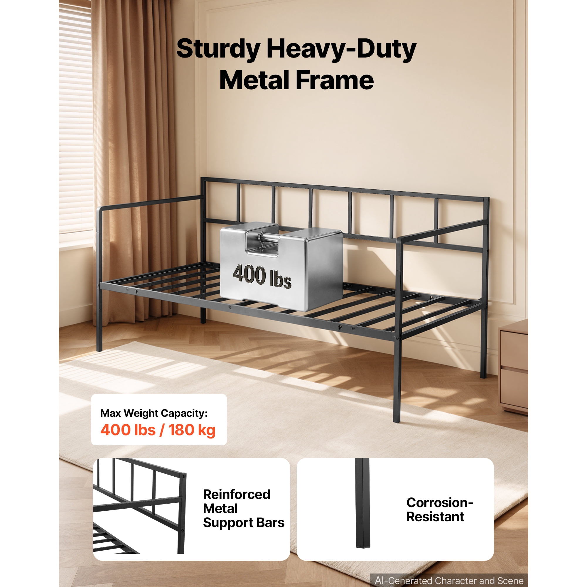 KFFKFF Twin Daybed Metal Frame with Under-Bed Storage, Ideal for Living Room, Bedroom, or Guest Room, Space-Saving Design, Durable Metal Construction, Simple Assembly, Without Trundle, Black