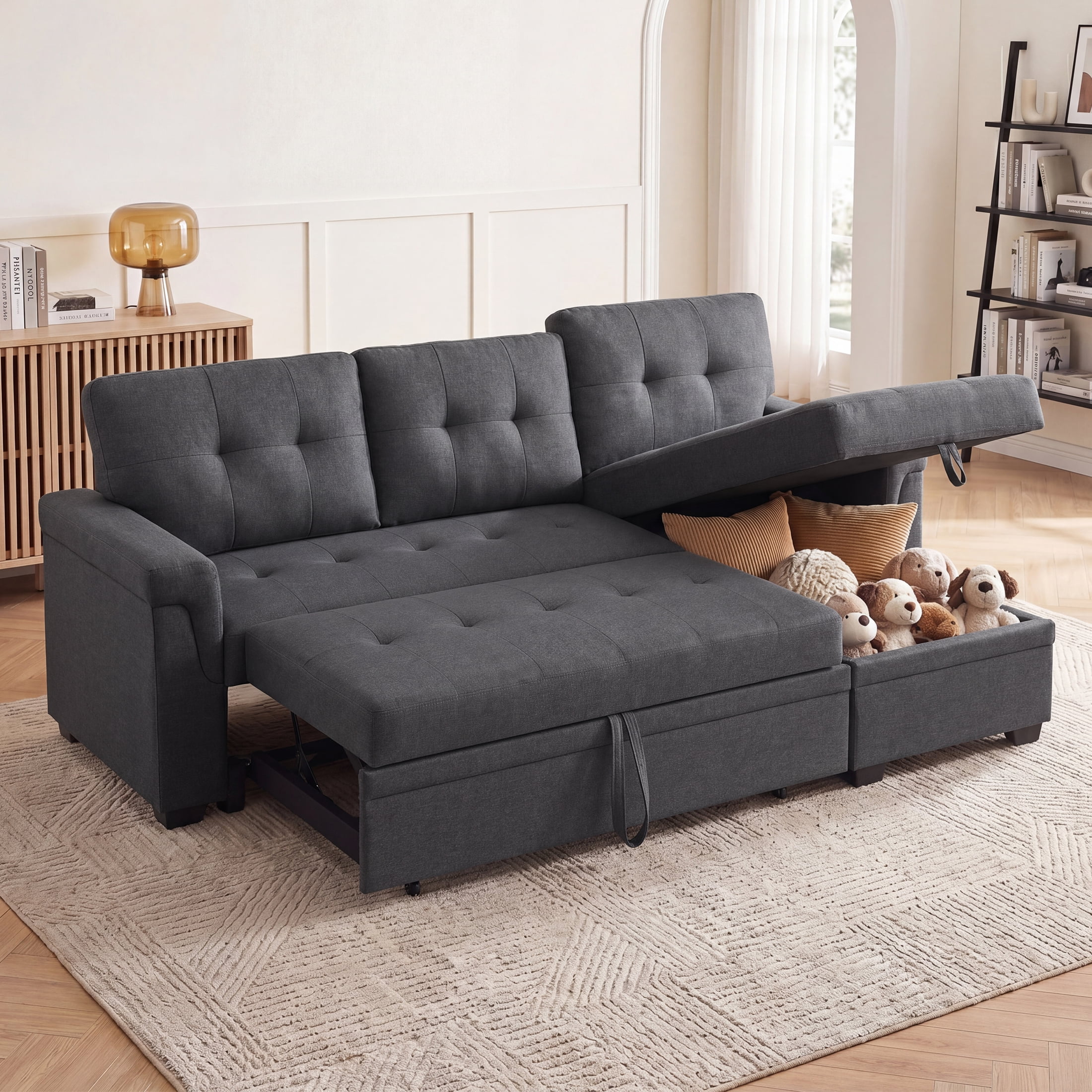 Aenkyo Linen Fabric Reversible Sleeper Sectional Sofa Bed with Storage Chaise, Gray