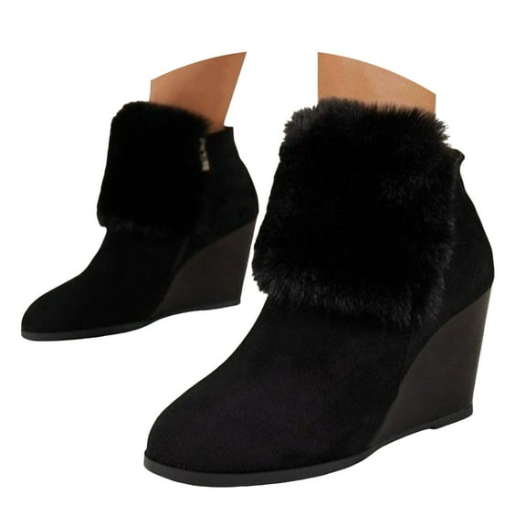 Mepaouo Women's Wedge Ankle Boots Platform Plush Suede Winter Dress Booties for Evening Prom(Black,5.5)