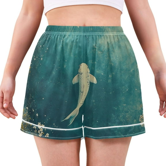 Women's Satin Pajama Shorts Wash Koi with Pockets, Elastic Waist Sleep Lounge Shorts