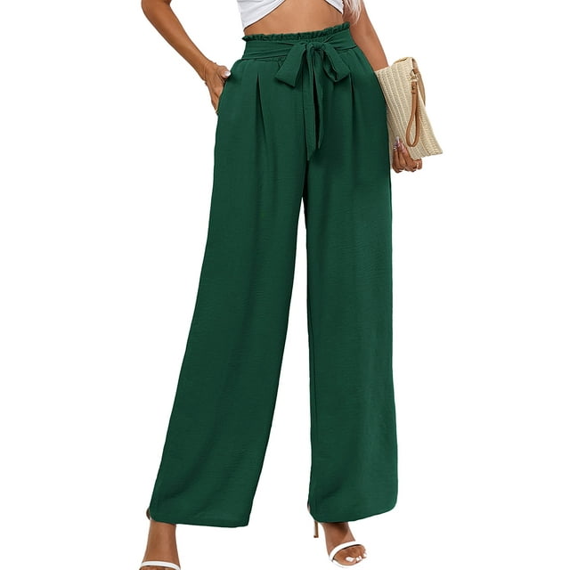 Chiclily Pantalones anchos para mujer con bolsillos, cintura alta, cinturón suelto, pantalones casuales fluidos, talla mediana de EE. UU. en negro,H1-Deep Green,2XL