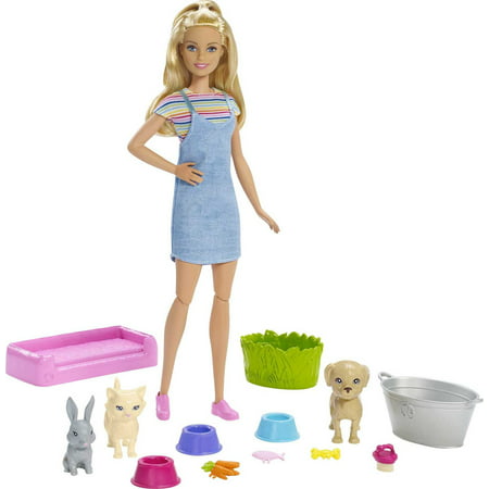 Barbie Play 'n Wash Pets Playset with Blonde Doll, 3 Color-Change Animals & 10 Accessories