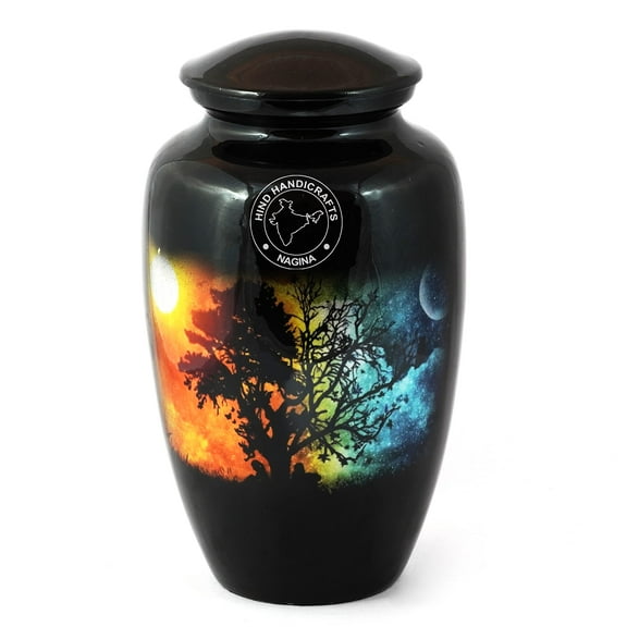 Aluminium Cremation Urn for Human Ashes - Adult Funeral Urn Handcrafted - Affordable Memorial Urn for Ashes - BAG INCLUDED (Sun & Moon Night-1, 200 Cubic Inches)