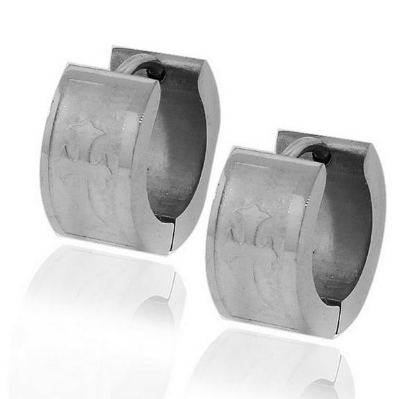 Stainless Steel Silver-Tone Polished Matte Religious Latin Cross Hoop Huggie Earrings