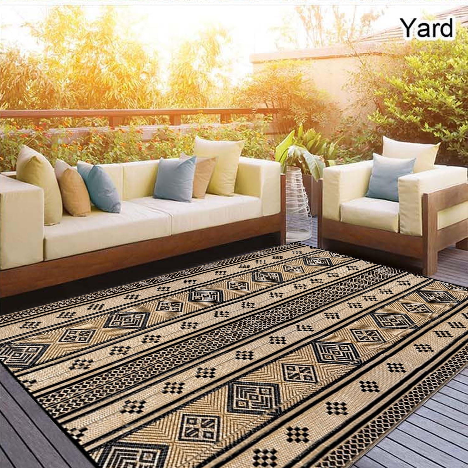 6'x9' Outdoor Rugs, Yamaziot Waterproof Plastic Patio Rug, Reversible Outdoor Mats for RV Camping Picnic Garden Backyard Balcony Porch Beach, Black