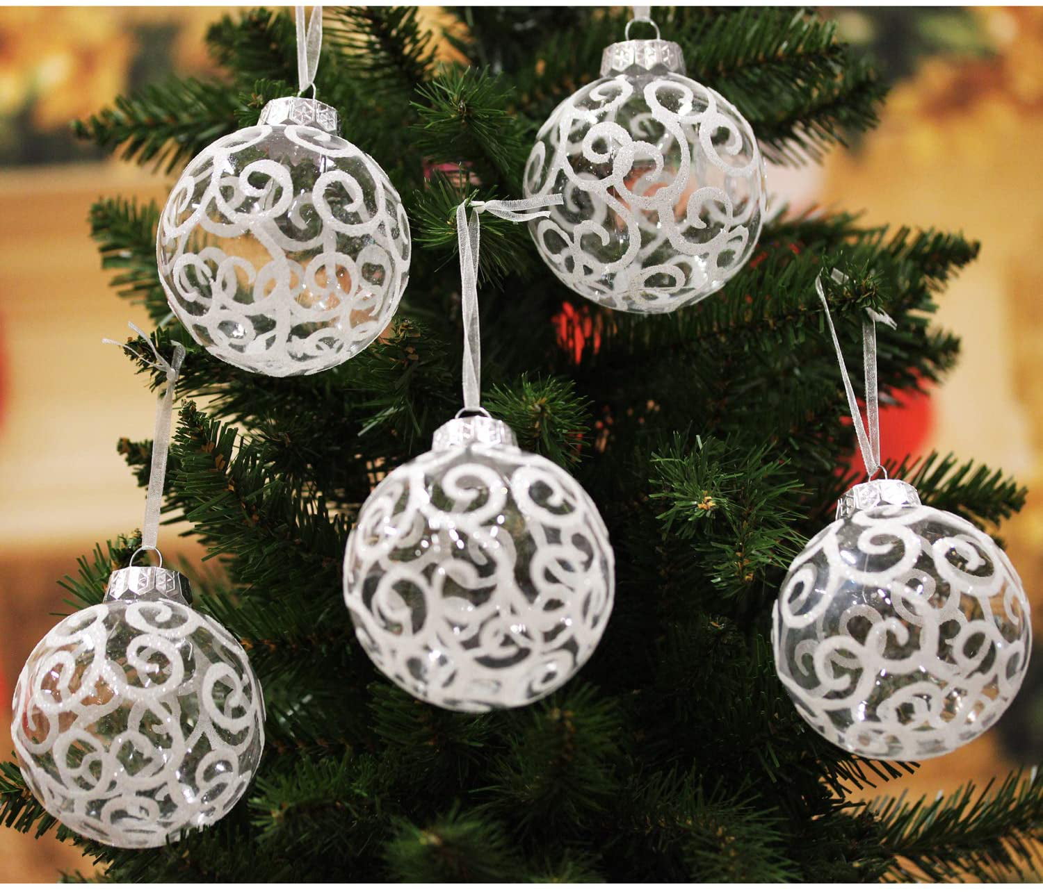 Sleetly White Glass Christmas Ball Oranaments Set of 6