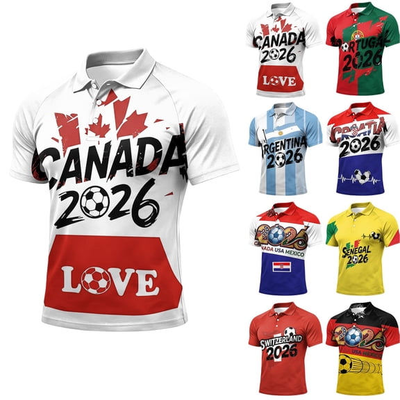 2026 Soccer Cup Jersey for Men, Polo Collar Short Sleeve Country Name & Ball Graphic Top - Breathable Fan Shirt for Match Day & Casual Wear Black L