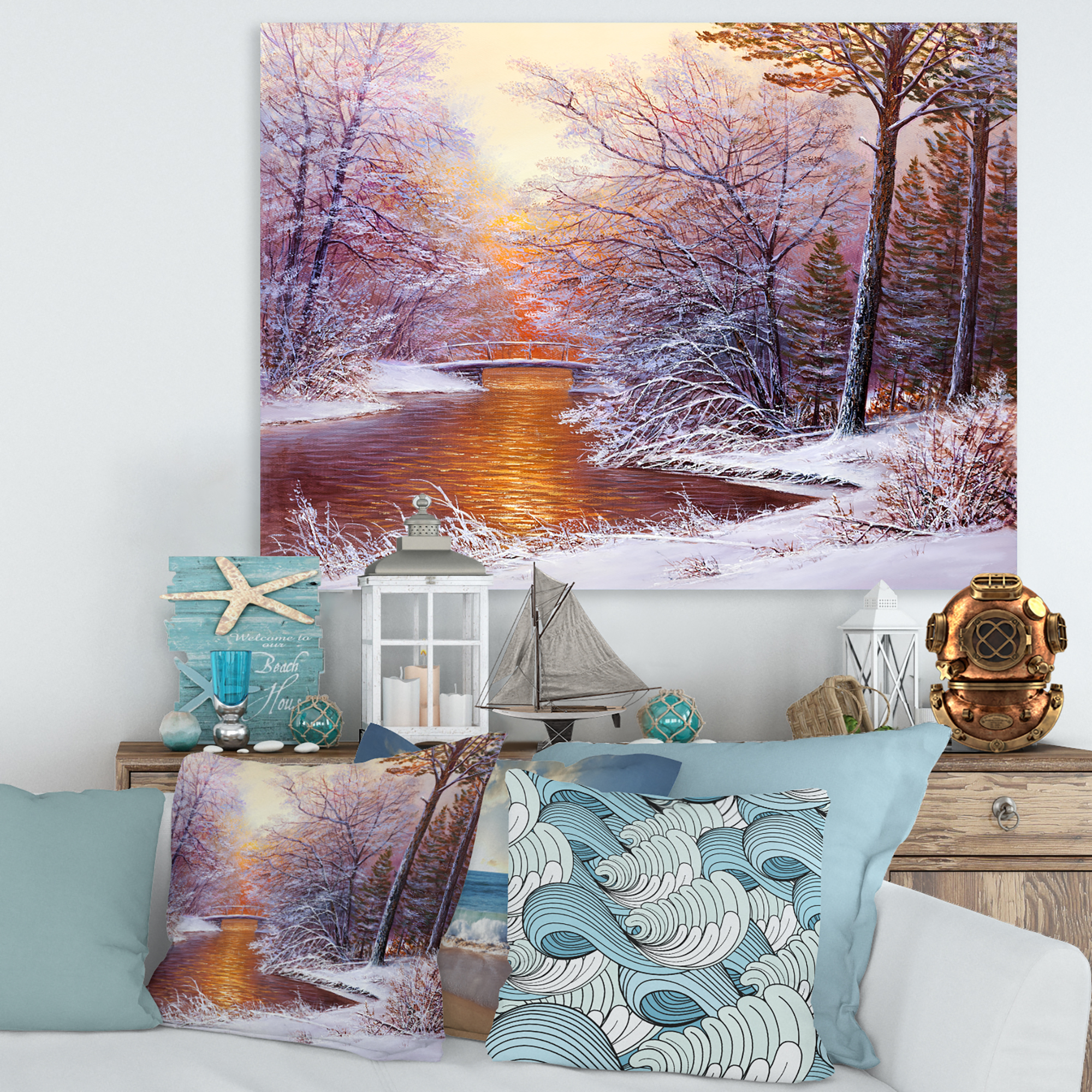 Designart ' Christmas Forest With Trees and River II ' Traditional Canvas Wall Art Print