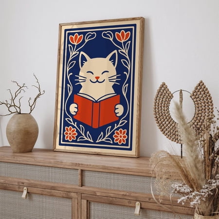 Cat with Red Book Cozy Reading Nook Library Decor Unframed Paper Print