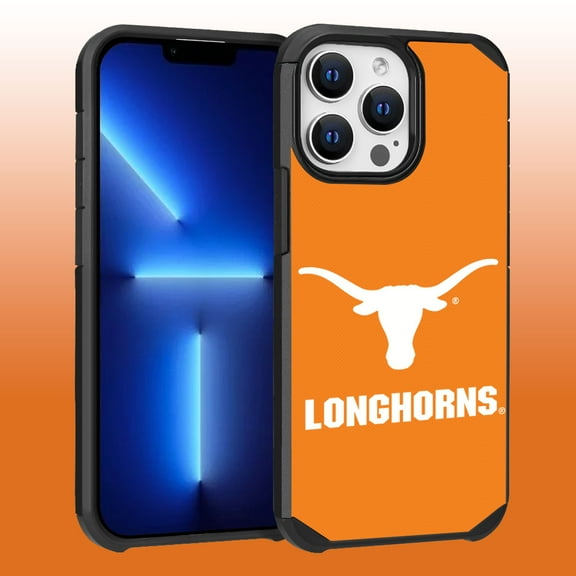Apple iPhone 13 Pro Max (6.7) / 12 Pro Max (6.7) - Licensed NCAA University of Texas at Austin Longhorns Logo on Yellow Textured Dual Layer Case