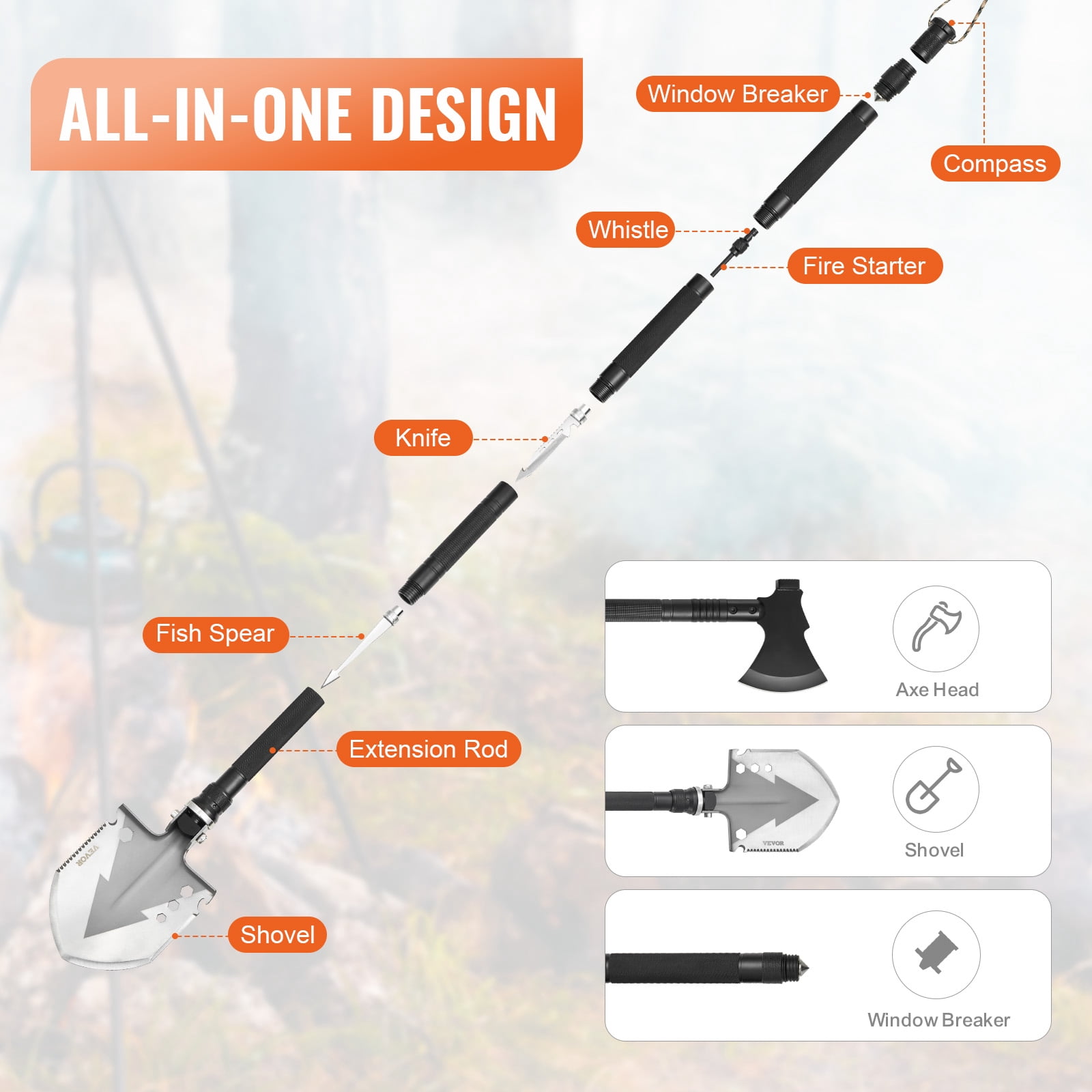VEVOR Survival Shovel Survival Axe, 16-in-1 Camping Folding Shovels with Hatchet, Stainless Steel Tactical Shovel Hatchet Combo, Multifunctional Emergency Survival Gear Equipment for Camping Hiking