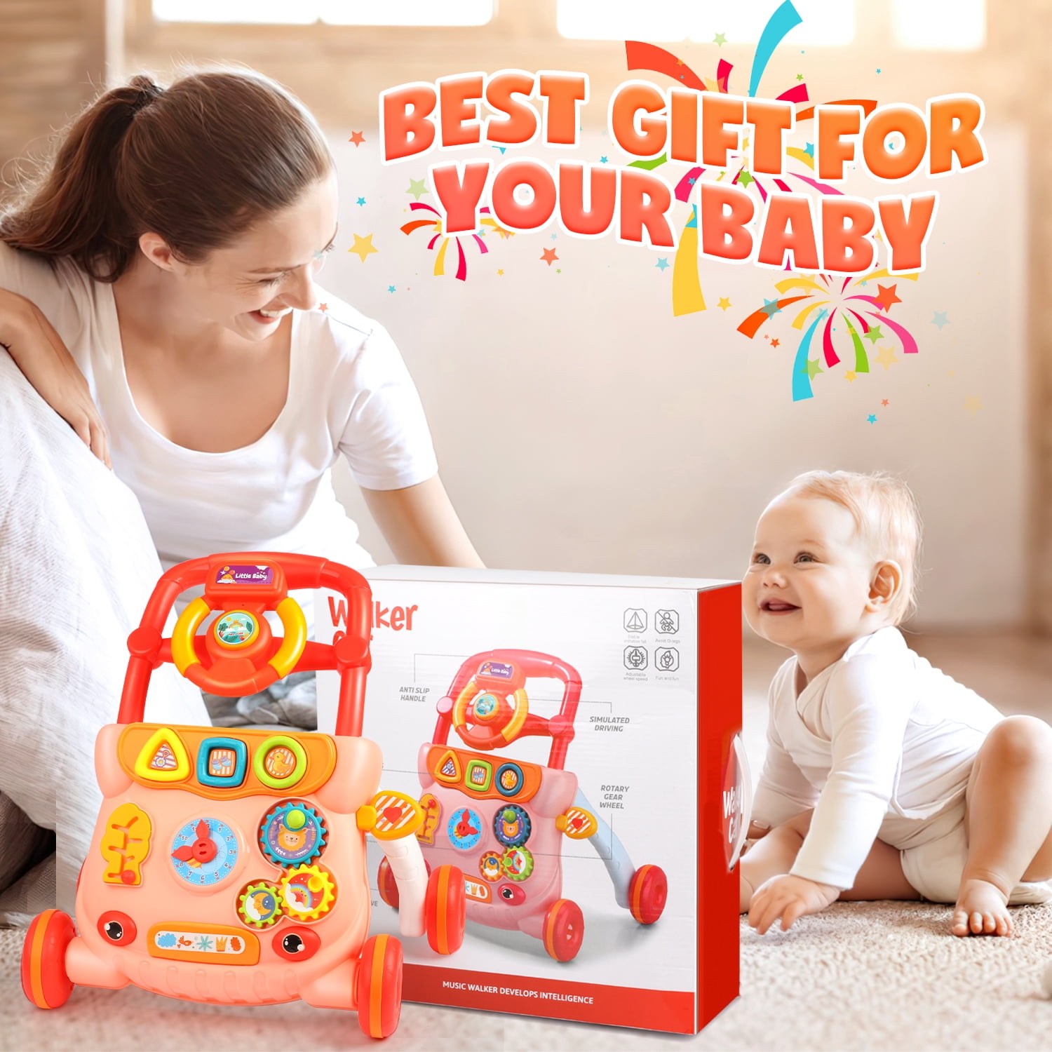 Huge Wave Baby Push Walker Toys, Sit to Stand Early Learning Walker with Activity Center, Baby Push Walker Toy Gift for 6-12 12-18 Months, Red