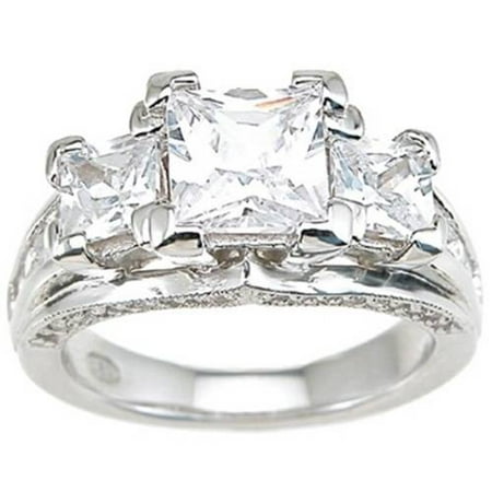 CZ Sterling Silver Rhodium Finish Princess Antique-Style Wedding Ring