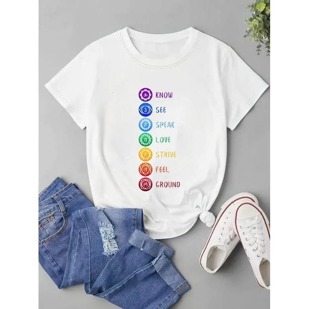 Women's Yoga & Casual T-Shirt with Floral Chakra Graphic Print & Know/See/Speak/Love/Strive/Feel Affirmations - Breathable Round Neck Short Sleeve Top for Spring/Summer, Machine Washable