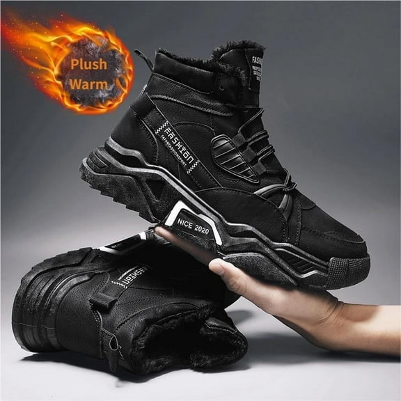 CORASUN Men's Winter Fur Lined Warm Mid-Top Snow Boots | PU Waterproof & Dirt-Resistant | Lace-Up Thick Sole Outdoor Work Boots | PVC Non-Slip (Black/Gray)