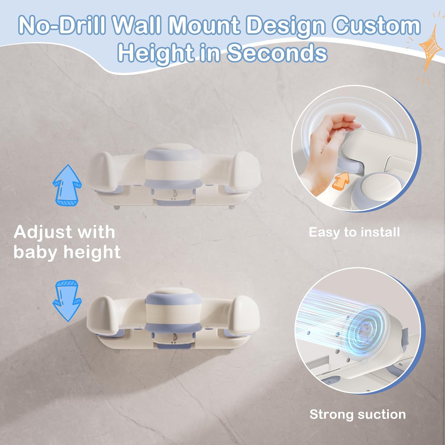 Baby Bath Support Stand - Adjustable Height Wall Mount with Suction Locks, Safe ABS Frame for Infant Tub , Foldable & Secure Seated Support(6-36 Months)