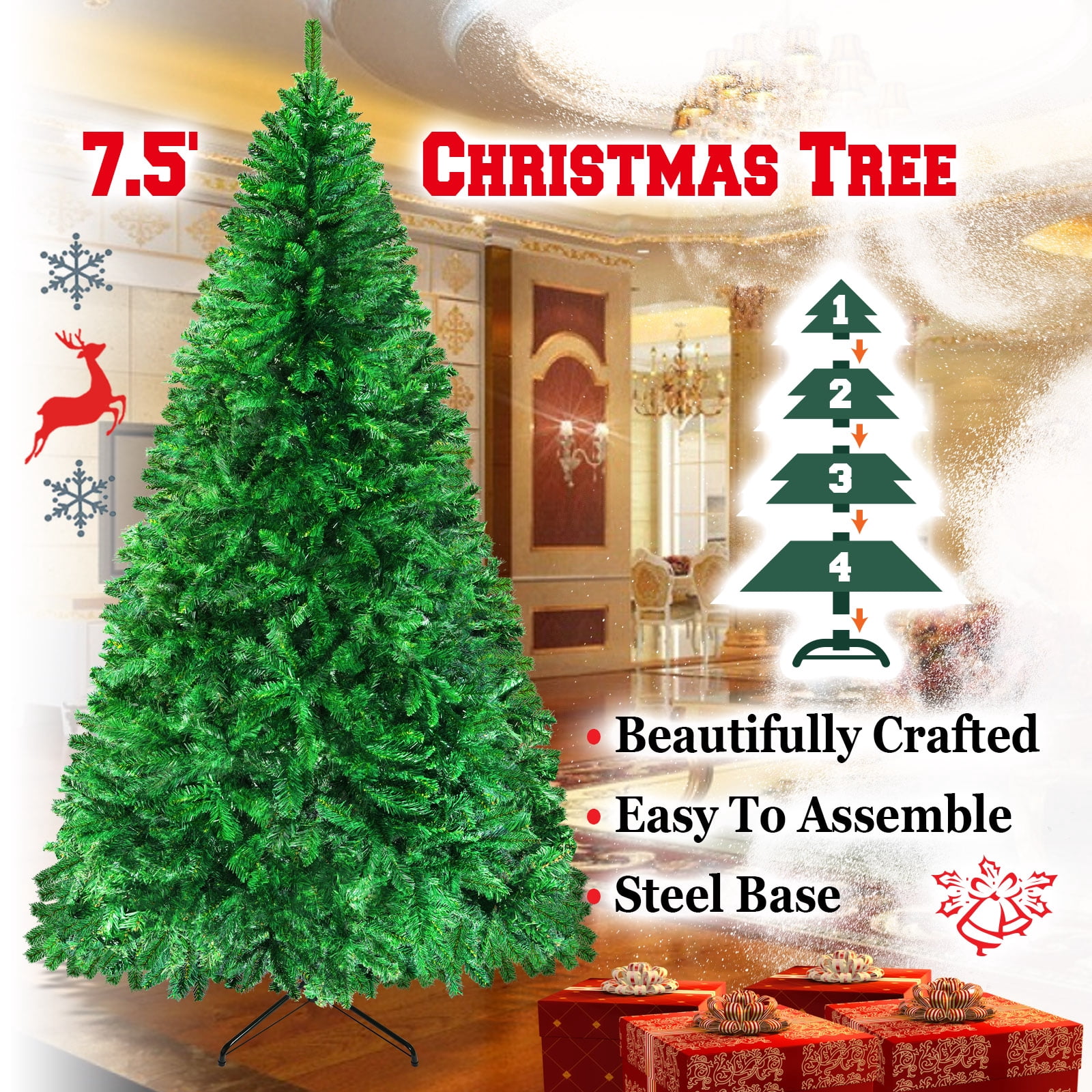 Sunrise 7.5\' Artificial Classic Pine Christmas Tree with Metal Stand (Green)