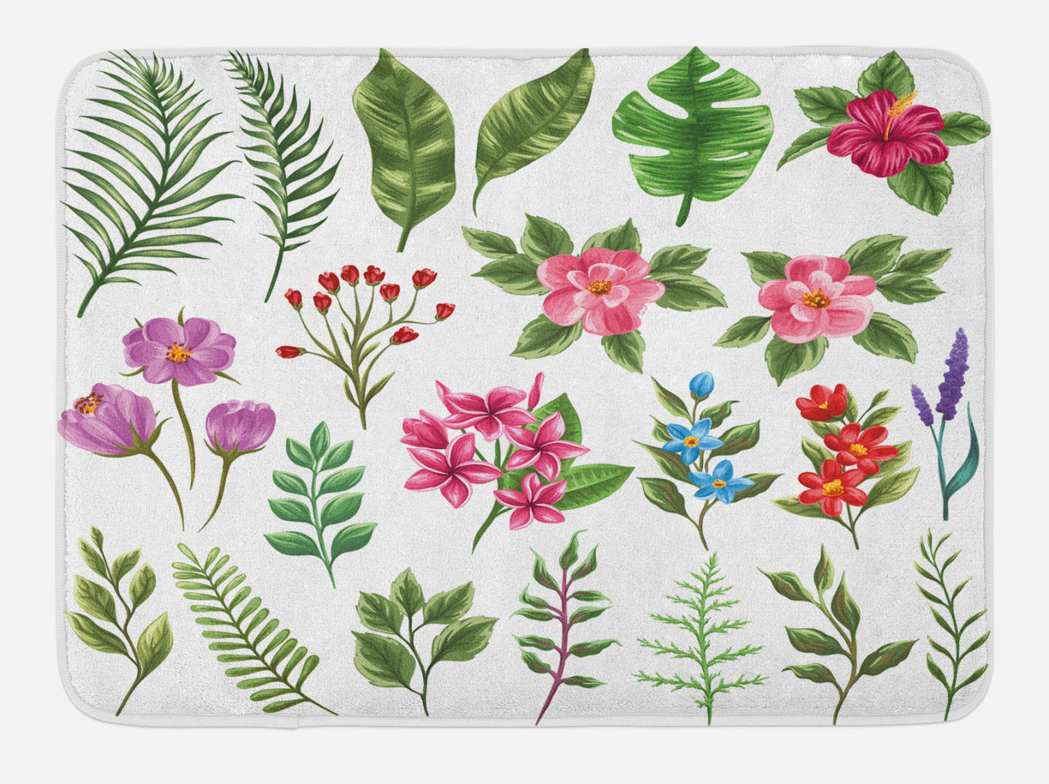 Plant Bath Mat, Set of Exotic Flowers and Ferns Botanical Elements
