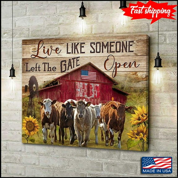 Vintage View Of Farmhouse With American Flag And Cows On Farm Surrounded By Sunflowers Live Like Someone Left The Gate Open 11 x 17 Inch Poster