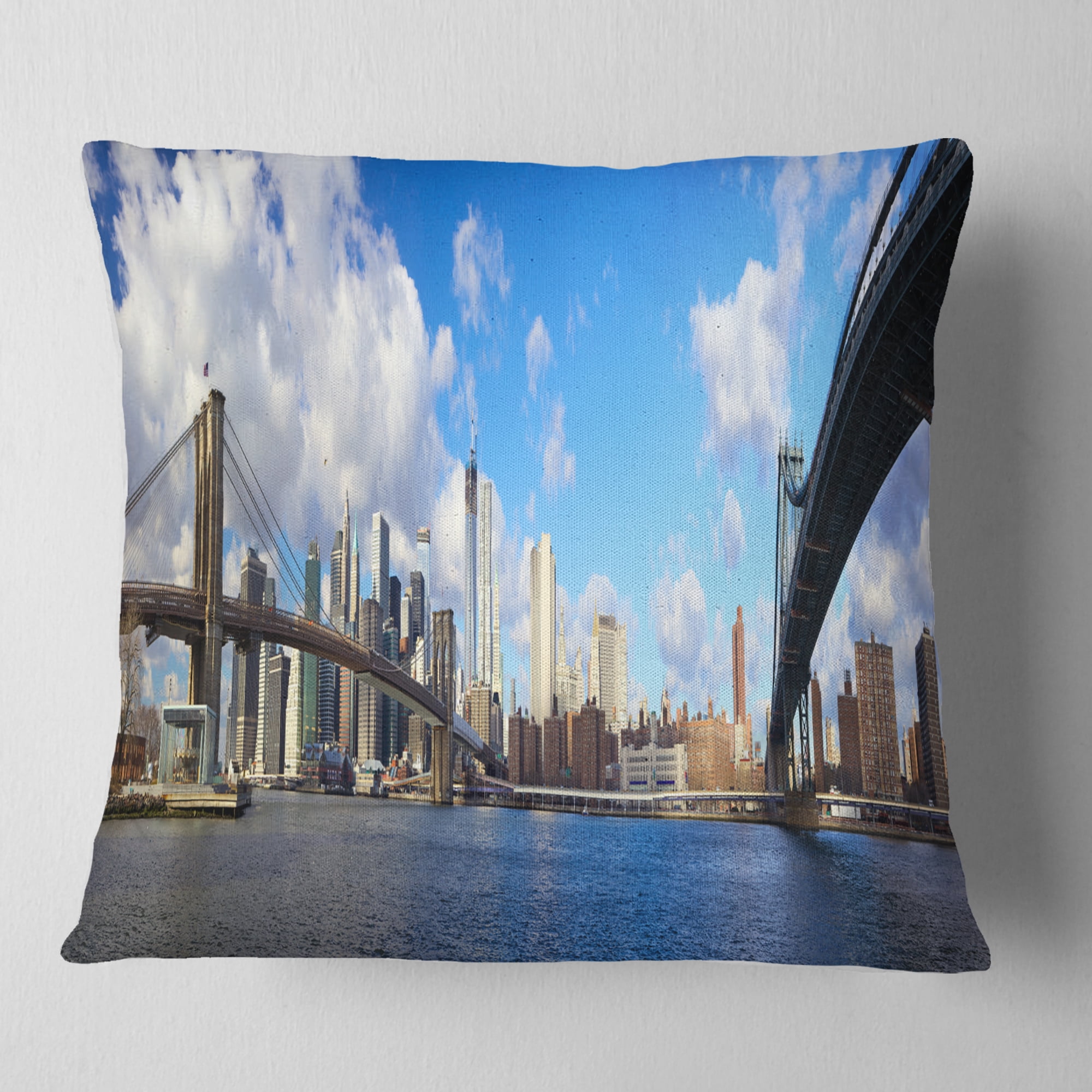 Designart Bright Manhattan Day Panorama - Cityscape Photo Throw Pillow - 16x16