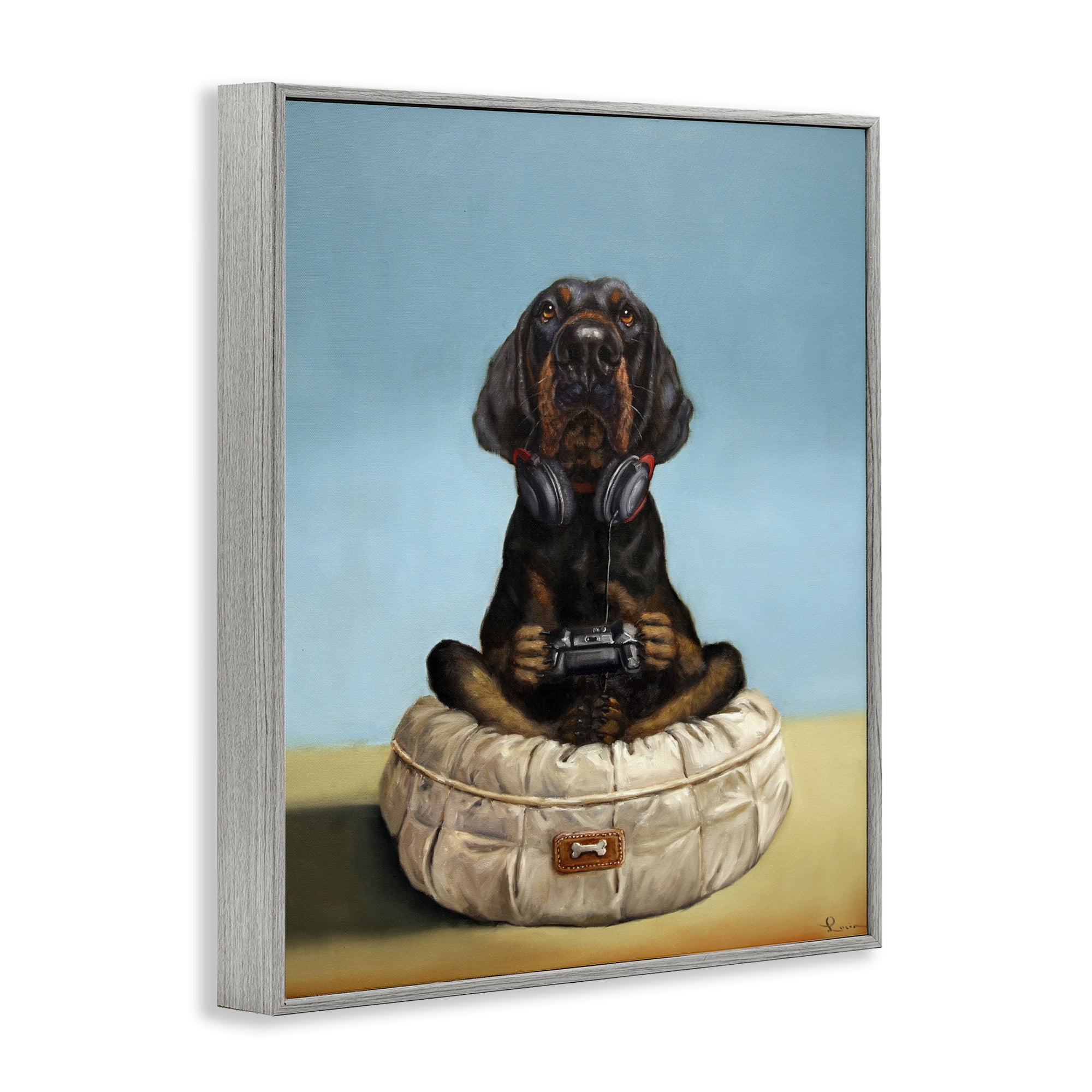Stupell Industries Game Boy Playing Dog Gray Framed Giclee Art, design by Lucia Heffernan
