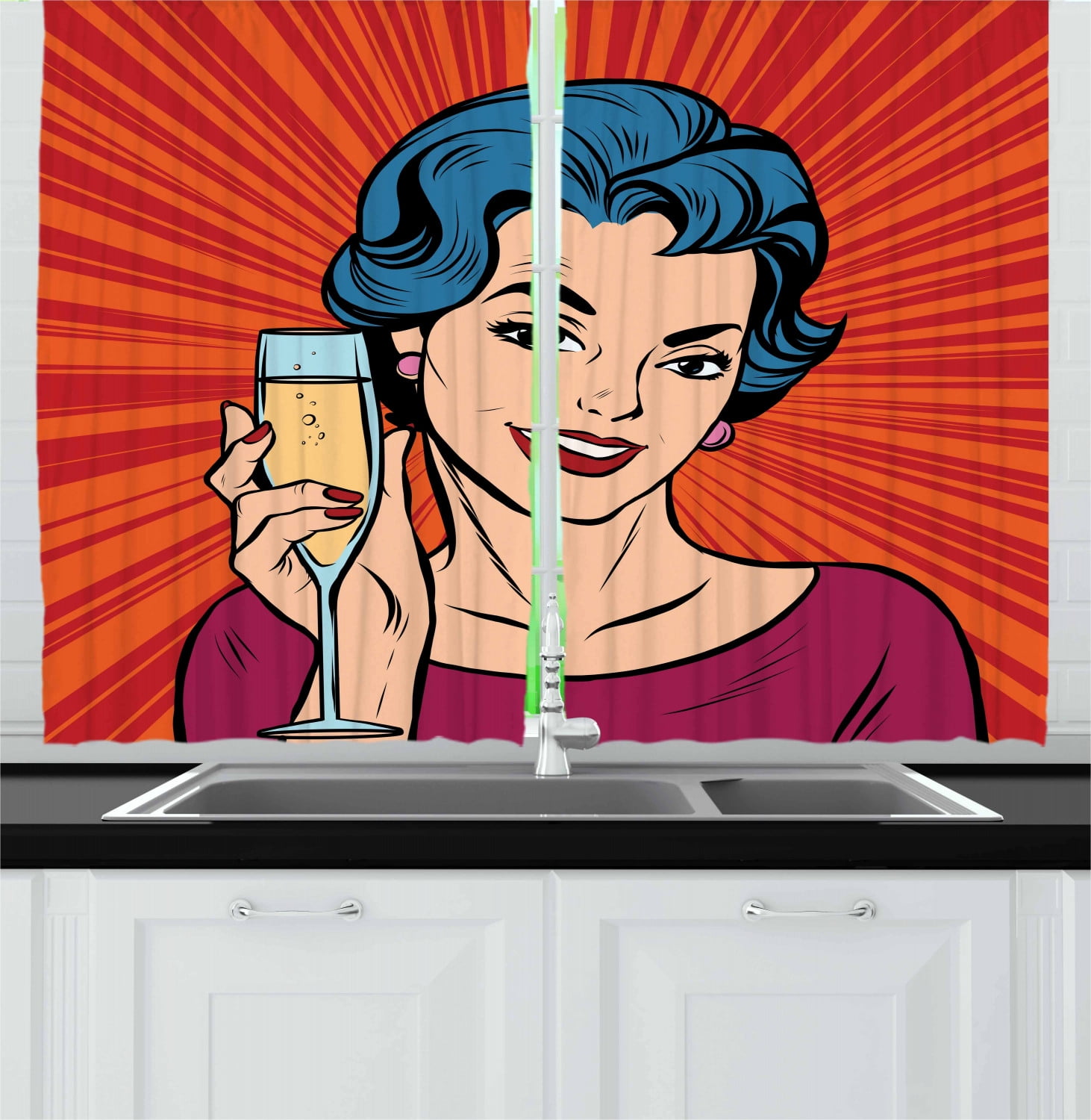 Alcohol Curtains 2 Panels Set Pop Art Party Girl Toasting Champagne At Party Image On Starburst Retro Background Window Drapes For Living Room Bedroom 55w X 39l Inches Multicolor By Ambesonne