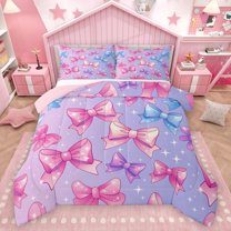 Homewish Pink Purple Bowknot Full Size Comforter Sets, Glitter Stars Galaxy Bedding Comforter Set, Dreamy Cartoon Theme Reversible Bedding Sets, Super Cozy Room Decor, 3 Pieces