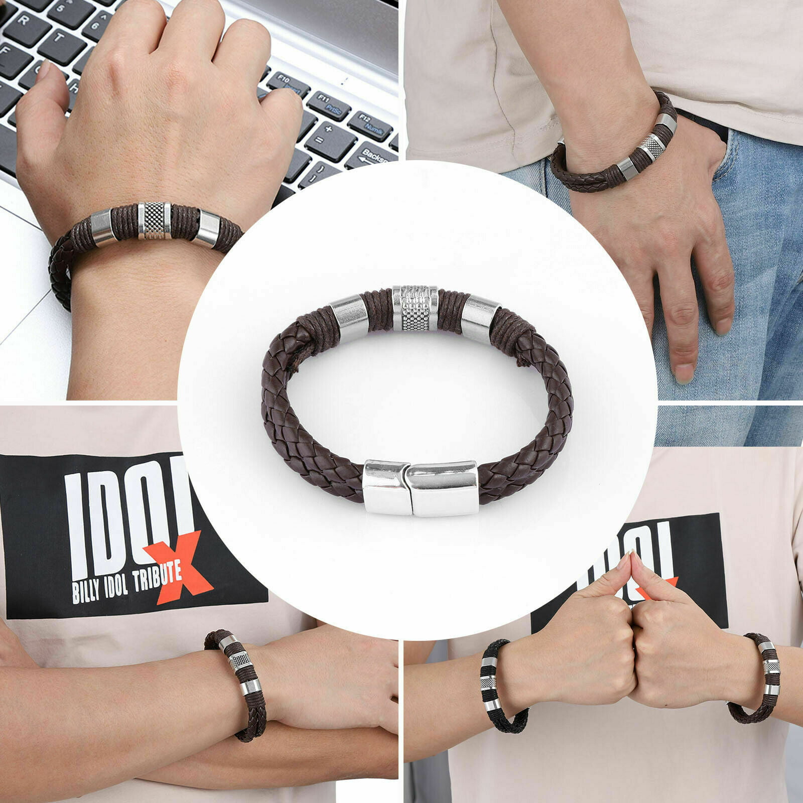  555Jewelry Mens Bracelets Leather and Steel, Magnetic Clasp  Braided Silver & Black Leather Bracelets for Men, Mens Leather Bracelet,  Men Bracelets, Black, 8.25 Inch: Clothing, Shoes & Jewelry