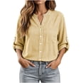 thumbnail image 2 of ClodeEU Women's Stand Collar V Neck Button Down Roll Tab Long Sleeve Striped Shirt,Casual Loose Blouse Top Yellow,Women's Plus XL, 2 of 8