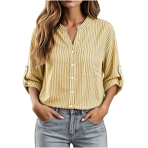 Women's Striped Button Down Shirts 3/4 Length Sleeve Tops V Neck Casual Comfy Work Shirt with Pocket (XL, Yellow)