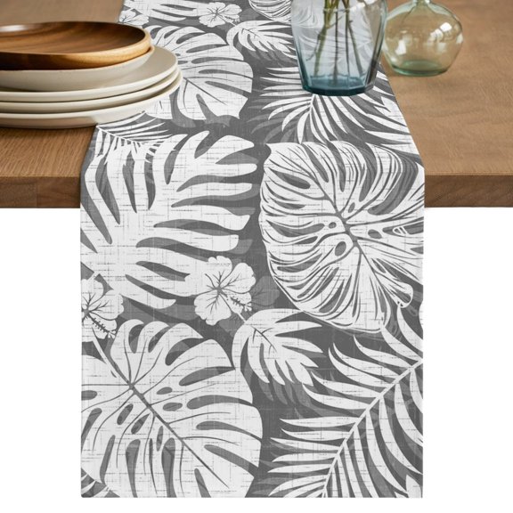 Palm Tree Monstera Table Runner 90 Inches Long,Gray White Leaf Boho Botanical Tropical Cotton Linen Table Runners Dresser Scarves,Fabric Tabletop Scarf Furniture Cover for Home Dinner Party 13"x90"