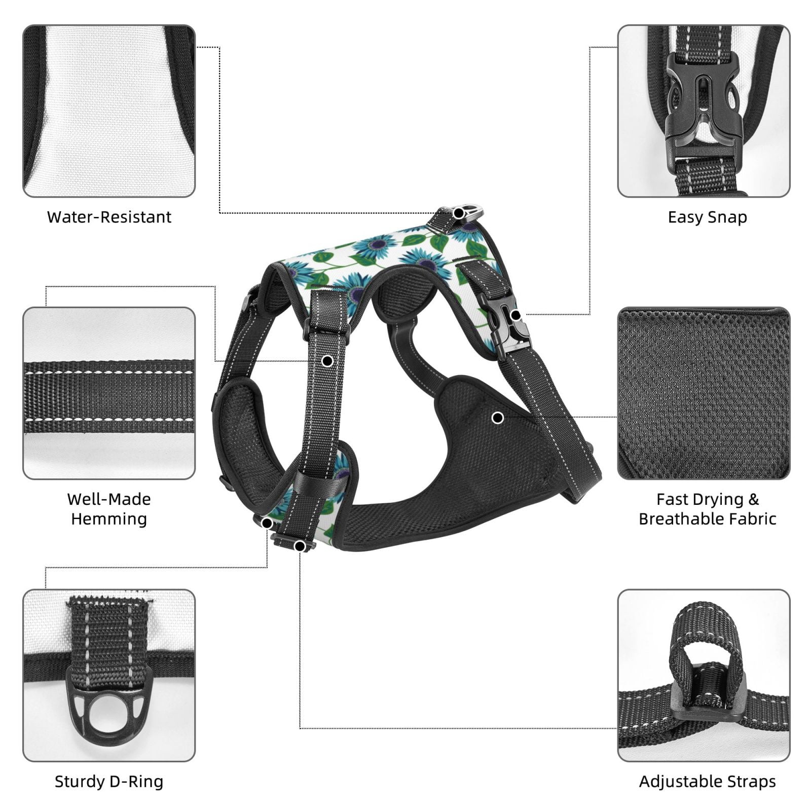 Kdxio Blue Sunflowers Print No Pull Dog Harness Adjustable Reflective Oxford Easy Control Medium Large Dog Harness for Training and Everyday-Medium