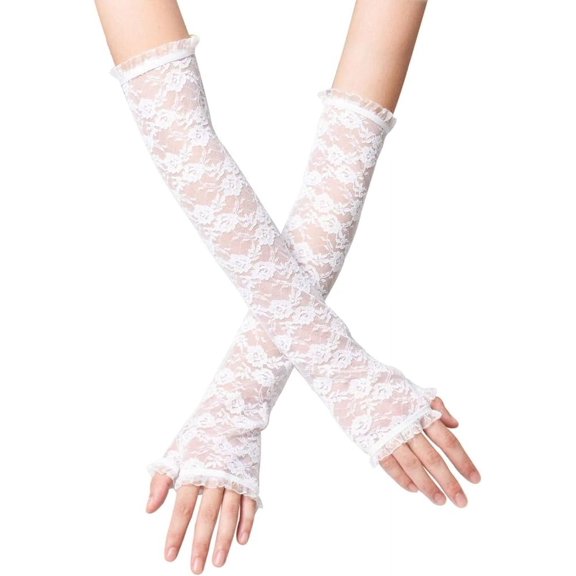 KXF Half Fingerless Floral Lace Gloves Ladies Fancy Long Elbow Sunscreen Armband Sleeve Gloves for Halloween Parties Wedding Etiquette Driving Riding