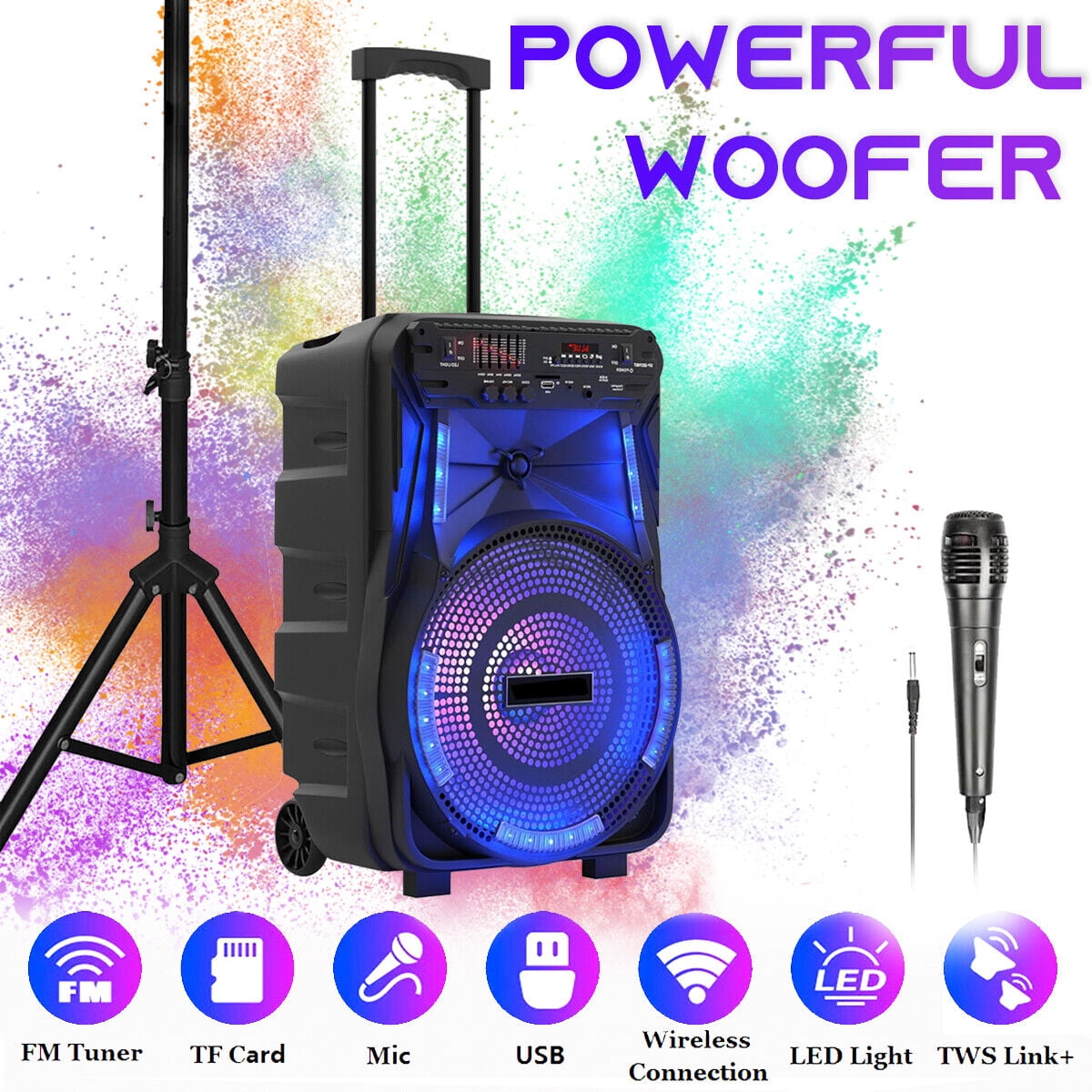 2700W 15" Portable Party Bluetooth Speaker with Tripod Stand Woofer Heavy Bass Horn Tweeter PA Party Sound System LED Mic AUX USB FM SD Trolley Wireless Speaker