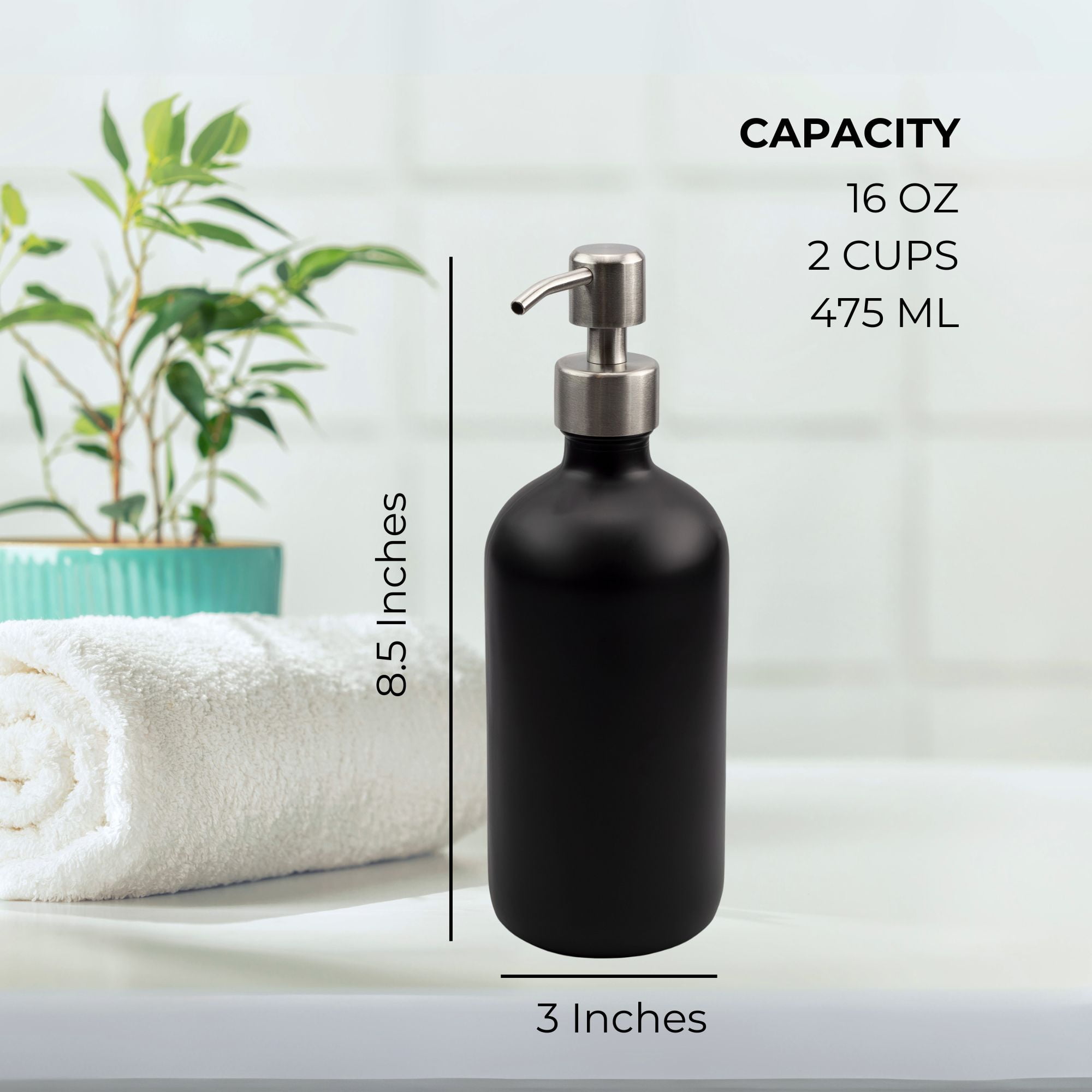 Cornucopia Brands 16oz Black Glass Bottles w/ Stainless Steel Pumps (2-Pack); Black Coated Boston Round; Lotion, Hand Care & Soap Dispensers
