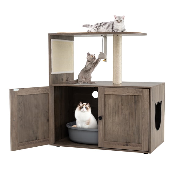 Gymax 34.5'' Tall Wooden Cat Tower w/ Sisal Scratching Post & Mat Litter Box Enclosure