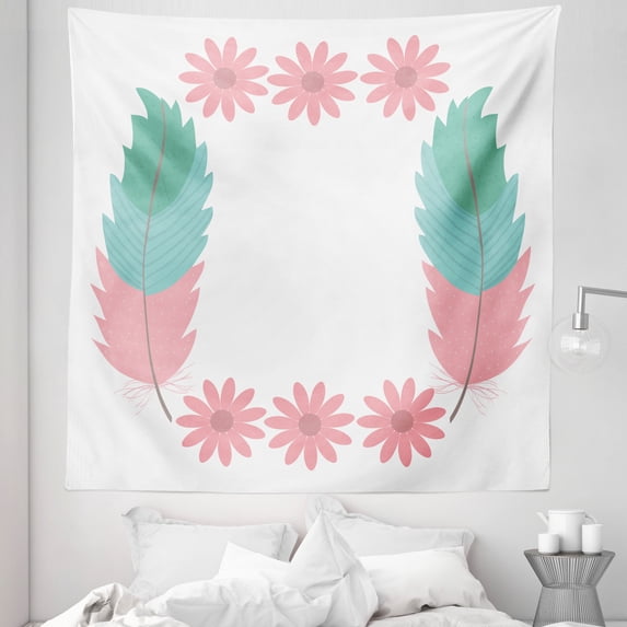 Simple Boho Tapestry, Feathers and the Flowers Combining the Pastel Concept Art Print, Fabric Wall Hanging Decor for Bedroom Living Room Dorm, 5 Sizes, White Blush and Pale Teal, by Ambesonne