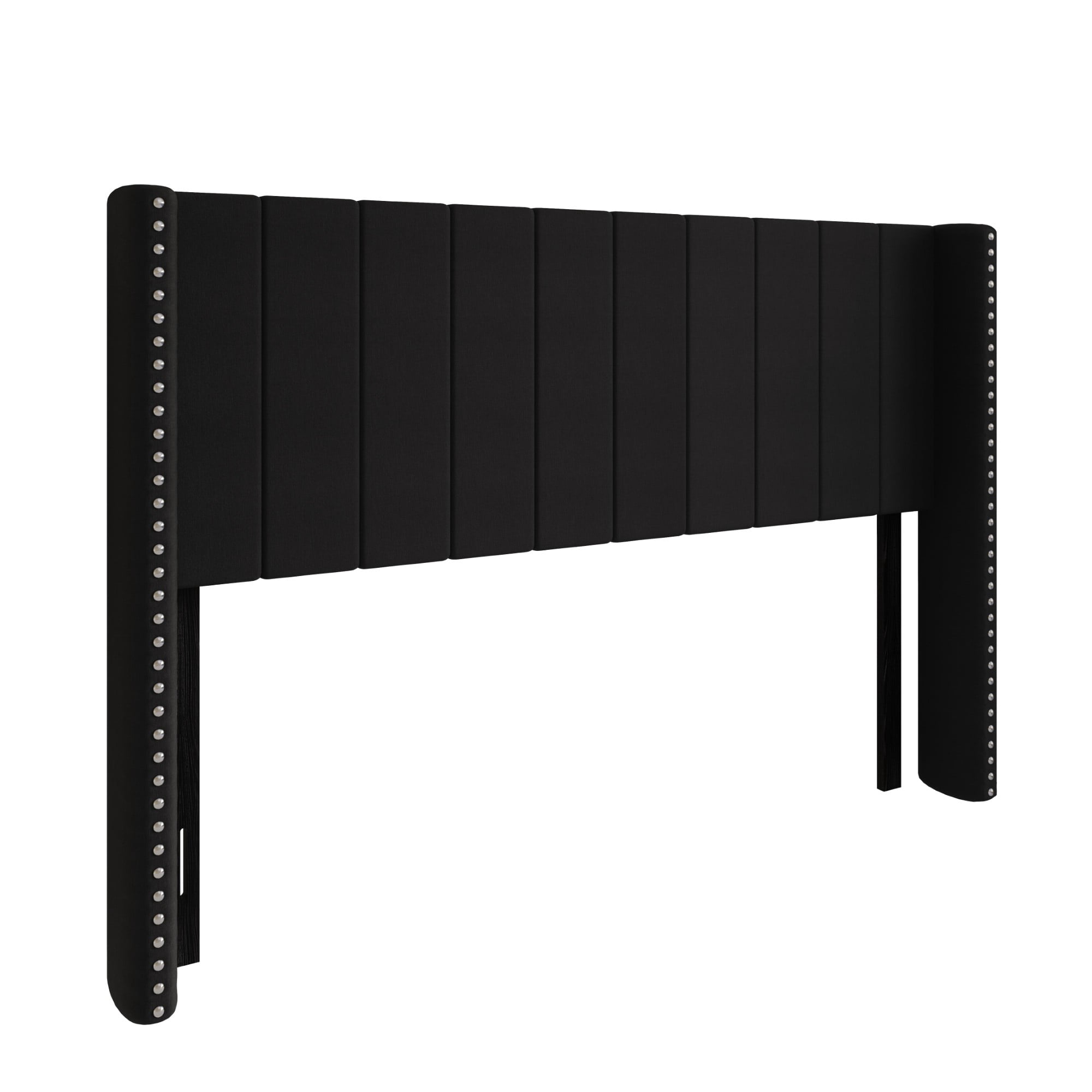 Home Design Ipswich TwinUpholstered Wingback Headboard with Nailhead Trim, Modern Vertical Channel Tufting, Black, Easy Assembly