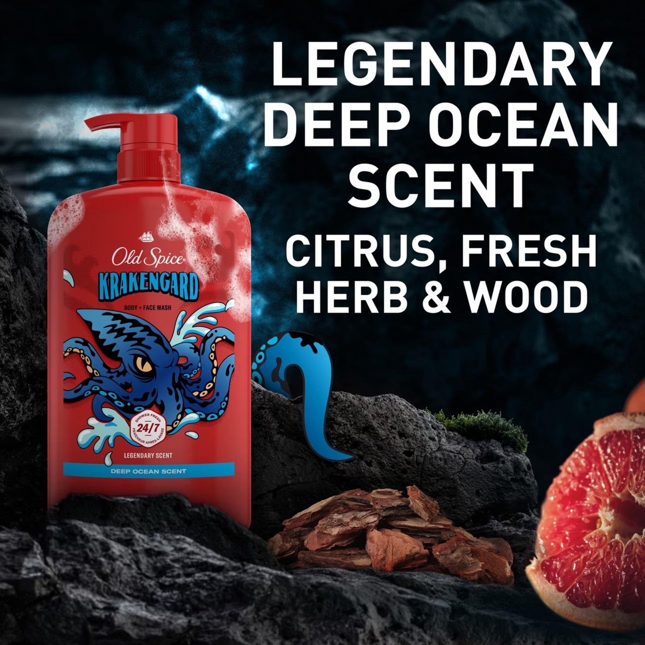 (2 pack) Old Spice Body & Face Wash for Men, 24/7 Shower Fresh, Krakengard Deep Ocean, 33.4 fl oz