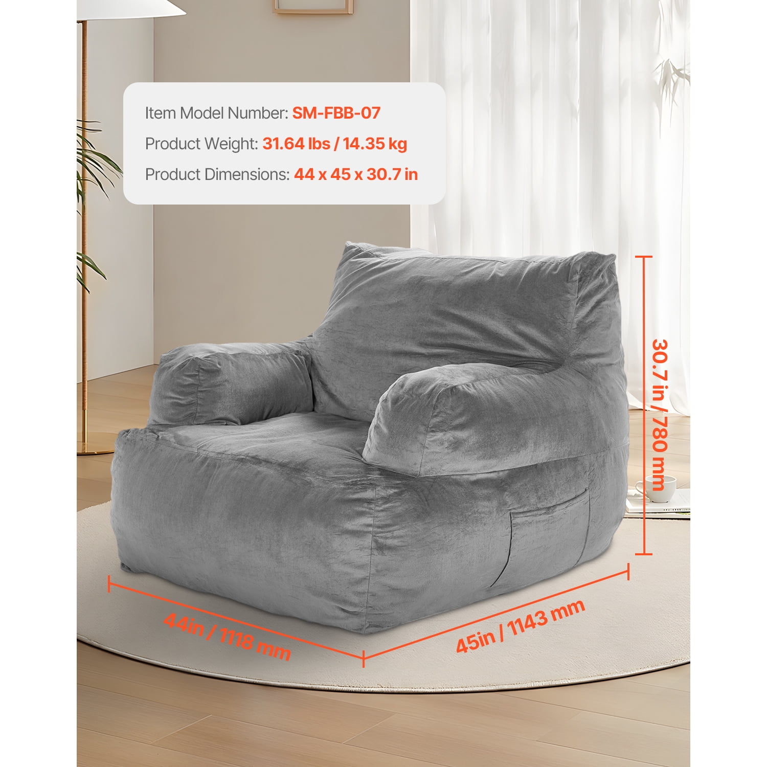 KFFKFF Bean Bag Seat, Armchair Style BeanBag for Grown-ups, Soft Plush & Dense Foam Stuffed Adult Bean Bag with Zapper, Cozy Lounging Chair Perfect for Lounge, Bedroom, in Grey
