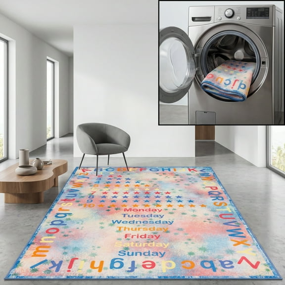 SAFAVIEH Kids Playhouse Alphabet Numbers Shapes Machine Washable Area Rug, Blue/Orange, 5'5" x 7'7"