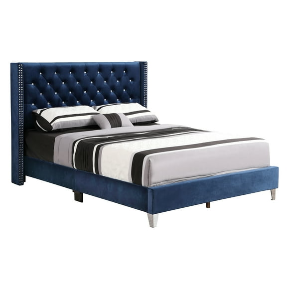 Passion Furniture Julie Navy Blue Tufted Upholstered Low Profile Queen Panel Bed