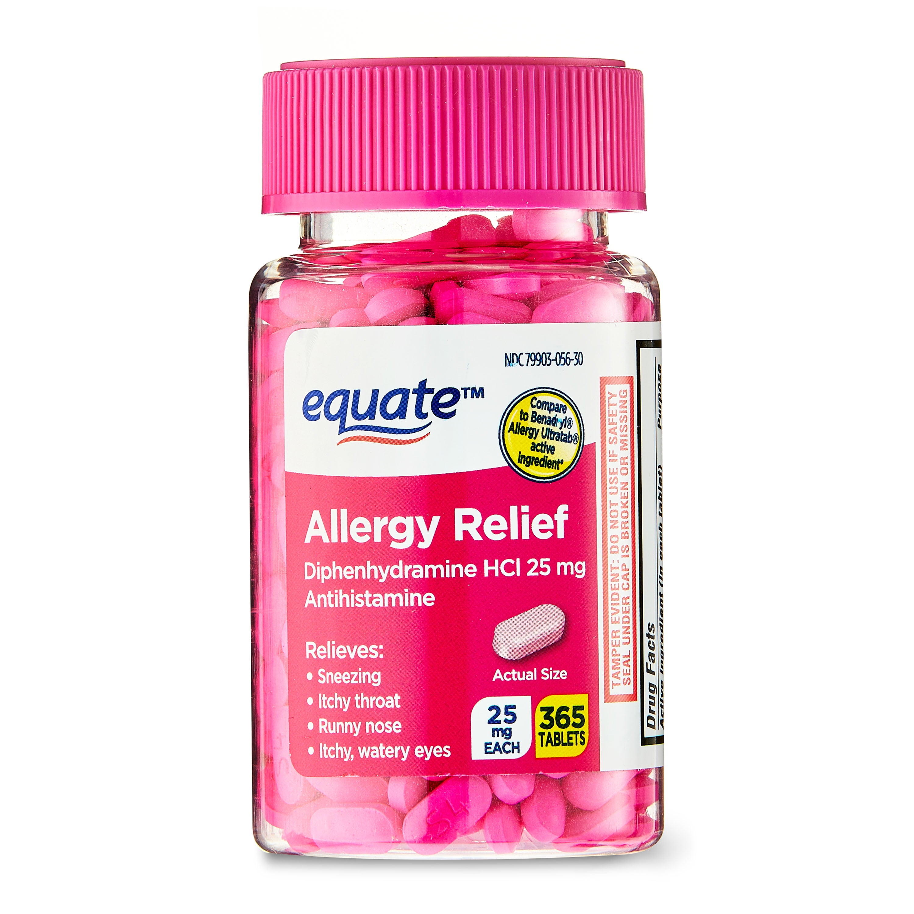 Equate Allergy Relief Tablets with Diphenhydramine Hcl 25mg Antihistamine, 365 Count