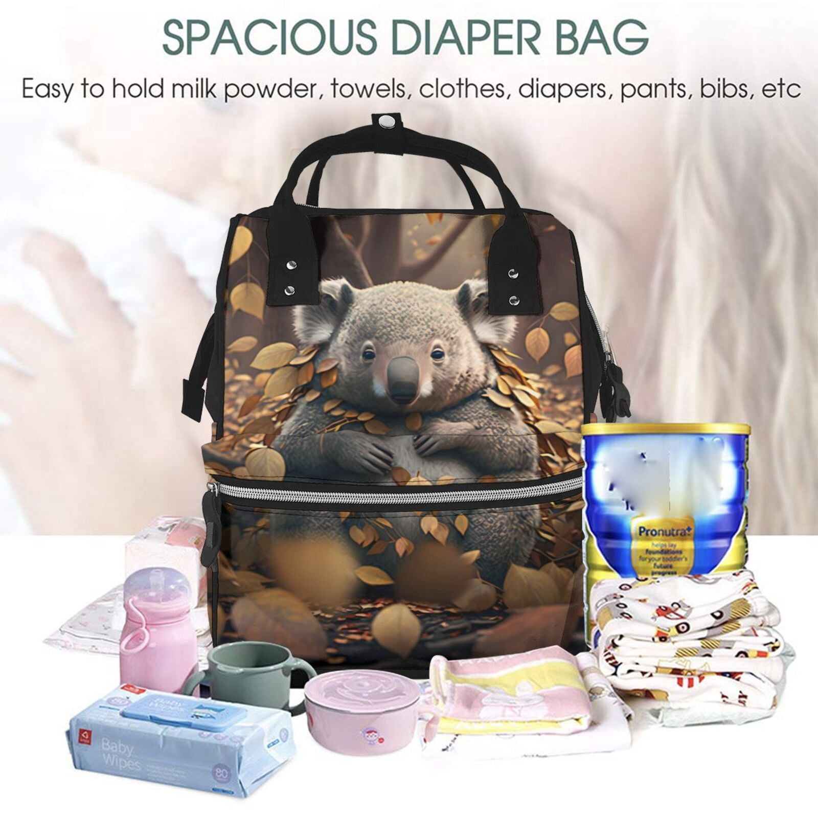 Fuzoiu Cute Fallen Leaf Koala Print Diaper Bag Backpack,Baby Essentials Travel Tote,Multi function Waterproof Diaper Bag, Travel Essentials Baby Bag - Unisex