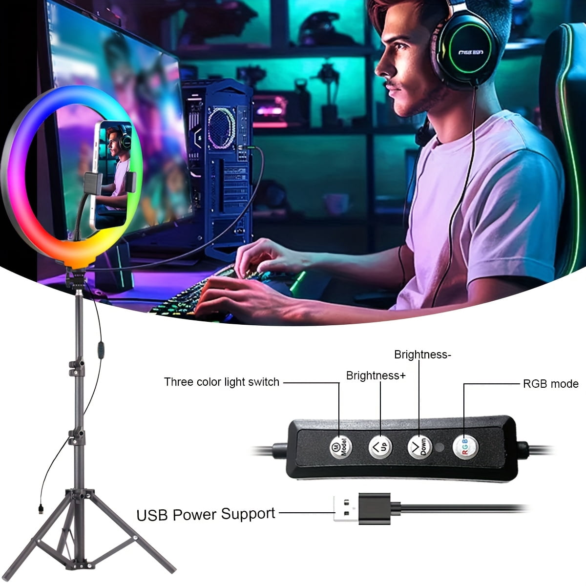 10-inch RGB LED Ring Light with Stand, Compatible with Tripods up to 43", Includes 2 Phone Mounts, 5000K Color Temp - Ideal for Live Streaming, Makeup, YouTube, TikTok & Vlogging.