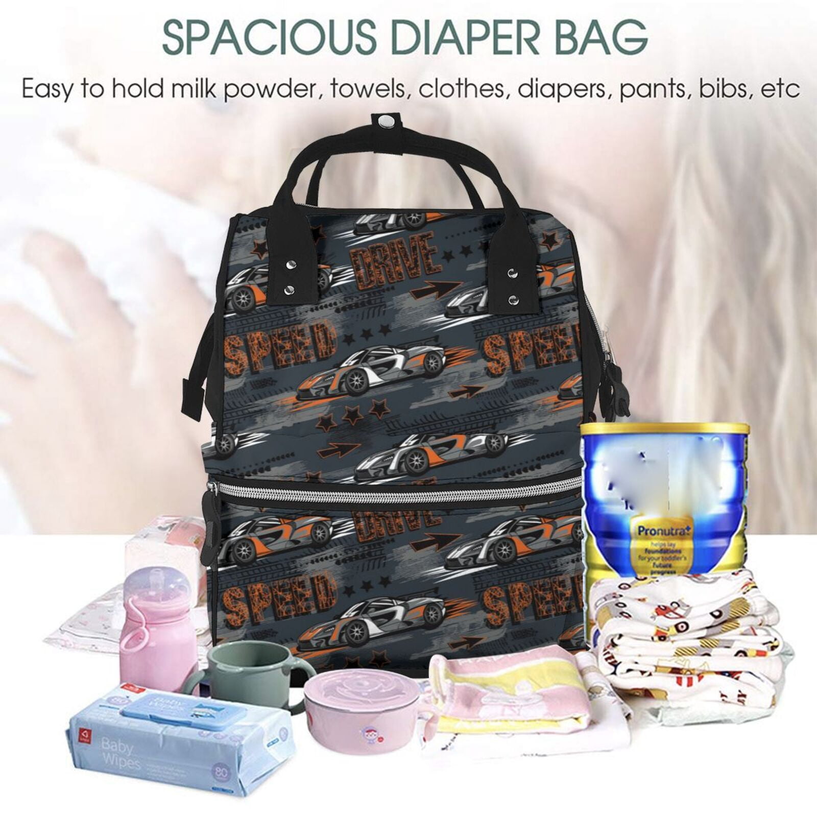 Fuzoiu Cool Sports Car Print Diaper Bag Backpack,Baby Essentials Travel Tote,Multi function Waterproof Diaper Bag, Travel Essentials Baby Bag - Unisex