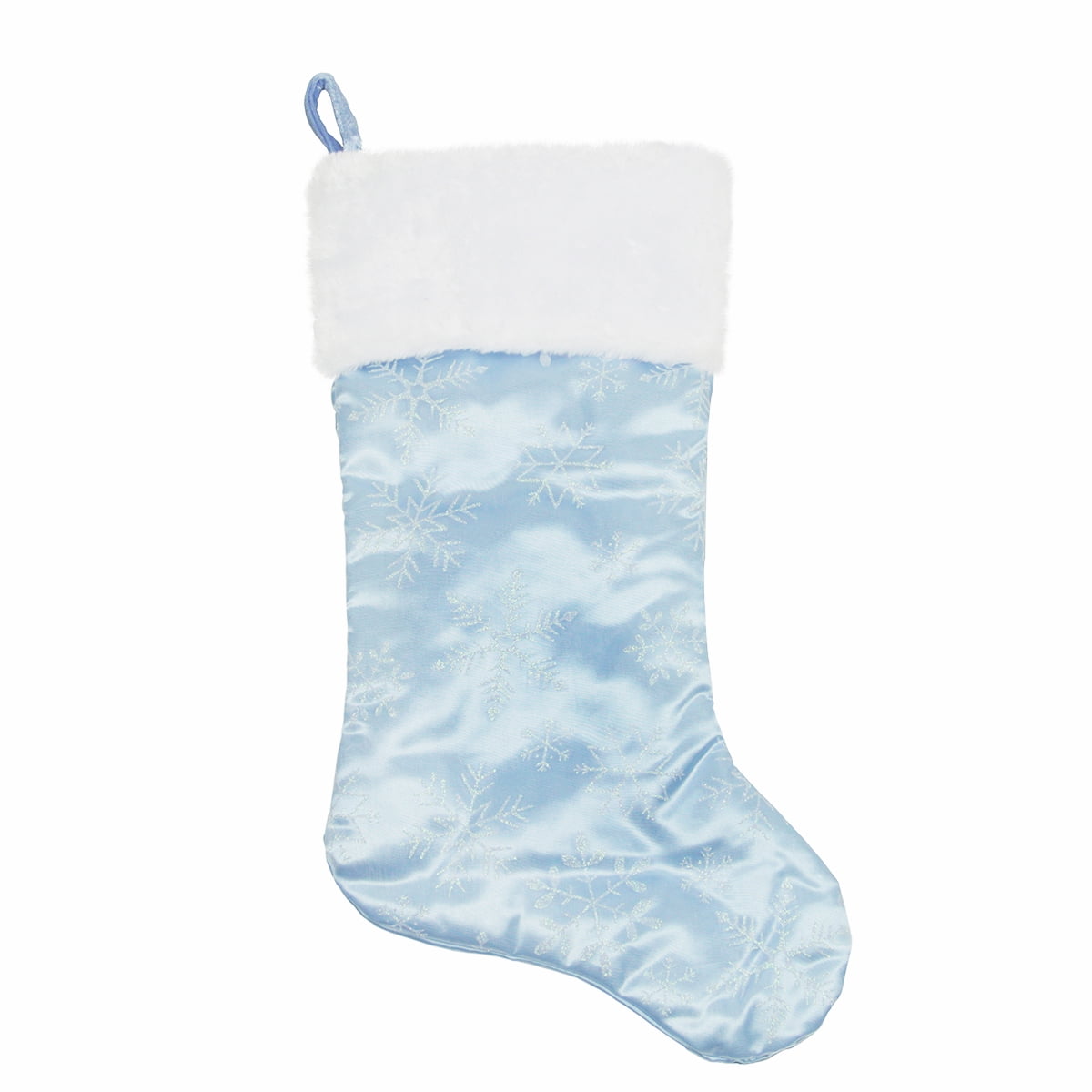 20" Light Blue Glittered Snowflake Christmas Stocking with White Faux