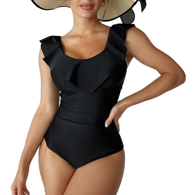 Traje de baño de una pieza con volantes Traje de baño de una pieza con cuello redondo ajustado a la moda para mujer Negro Negro S